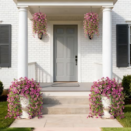 ZFProcess Artificial Hanging Flowers for Outdoors, 2 Pcs Fake Hanging Flowers Spring Summer Decor, UV Resistant Faux Artificial Outdoor Plants for Planter Front Door Porch Patio Garden Yard(Gradient Purple Red) - Image 3