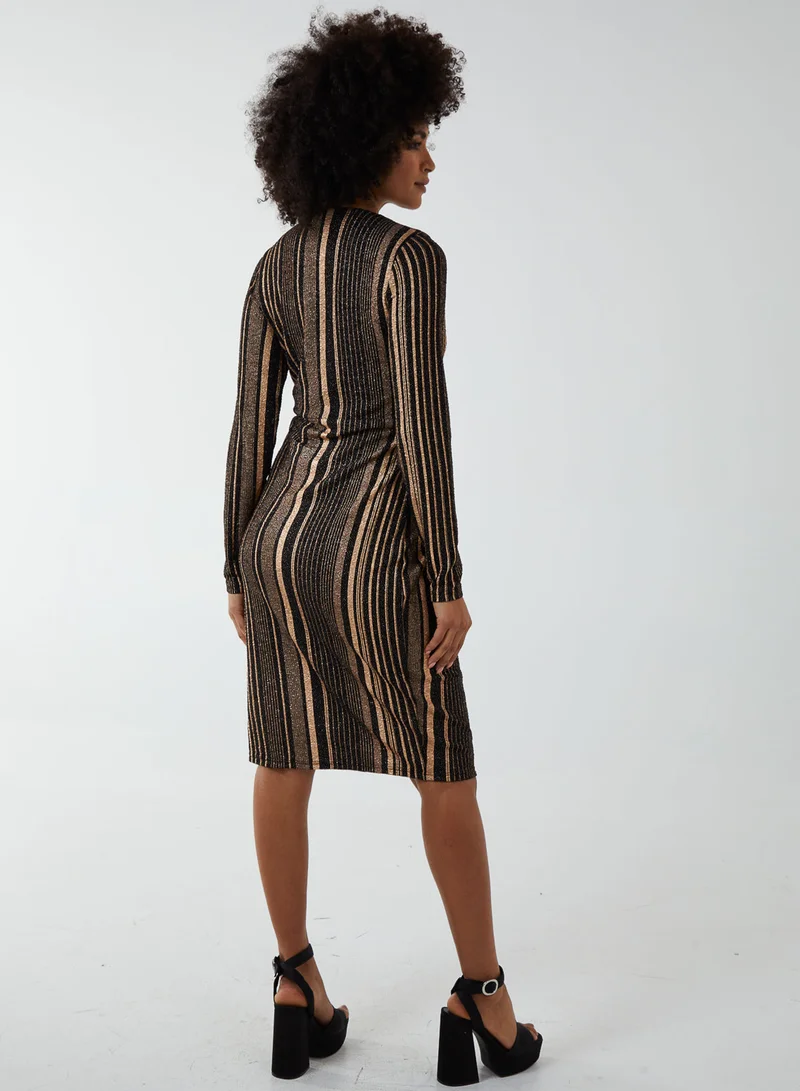 بلو فانيلا فستان ميدي بياقة ملتفة وخطوط فويل