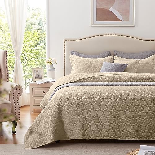 LEAONME Full/Queen Quilt Set 3 Pieces,Lightweight Beige Bedspread-90''x98'',Soft Microfiber Summer Quilt,Luxurious Warm Coverlet Sets for All Seasons (Includes 1 Quilt, 2 Shams) - Image 2