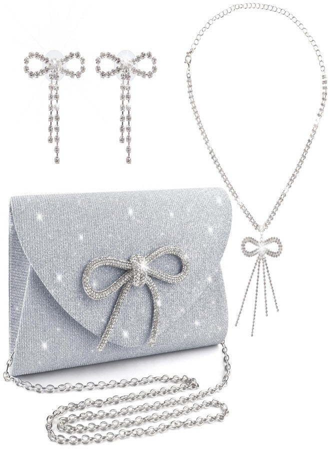 PACETAP Bow Evening Bag Sparkly Clutch Purses with a Butterfly Necklace for Women, Glitter Dressy Clutch Bags for Wedding Party Prom - Image 1