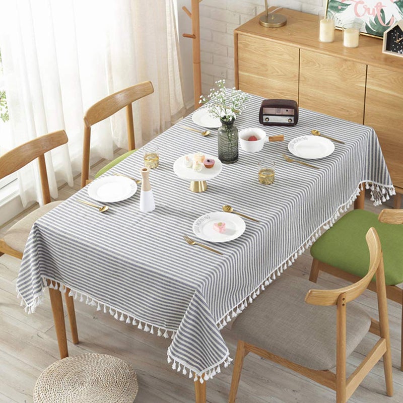 AMZALI AMZALI Stripe Tassel Rectangle Tablecloth Cotton Linen Stain ResistantDustProof Table Cover for Kitchen Dinning Wedding Christmas Tabletop Decoration Oblong55 x 55 Inch Blue