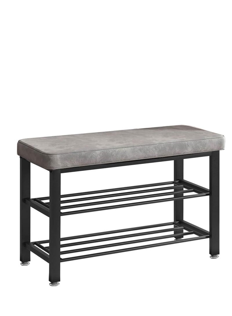 3-layer shoe rack, suitable for the entrance passage. Black metal shoe stool rack with grey cushions, suitable for corner shoe cabinets in corridors, bedrooms and living rooms. (Black) - Image 1