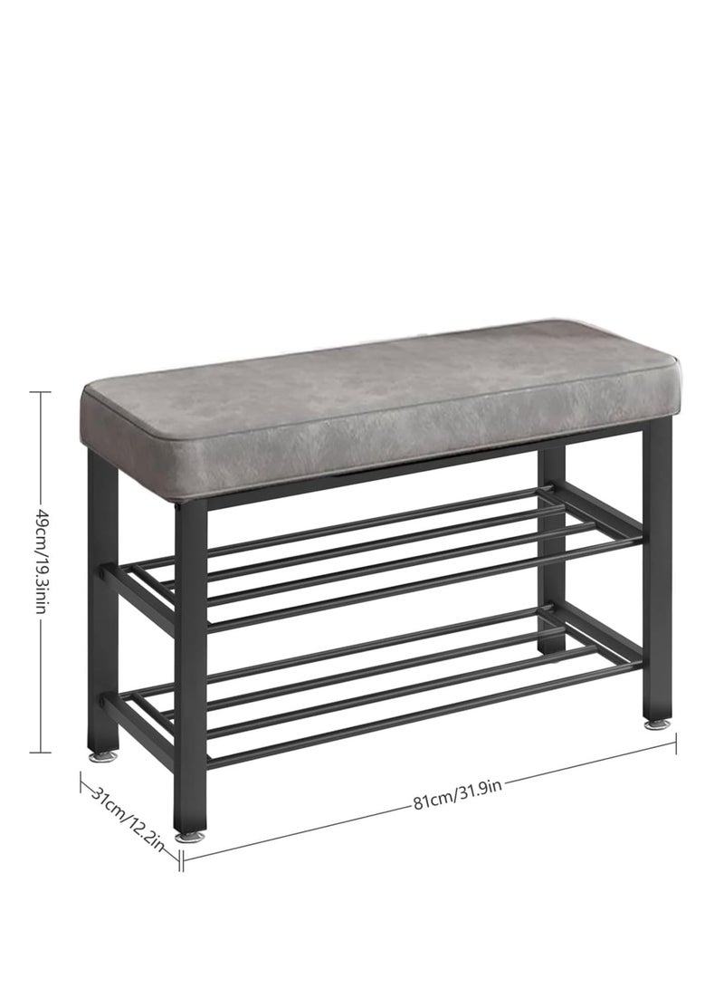 3-layer shoe rack, suitable for the entrance passage. Black metal shoe stool rack with grey cushions, suitable for corner shoe cabinets in corridors, bedrooms and living rooms. (Black) - Image 2