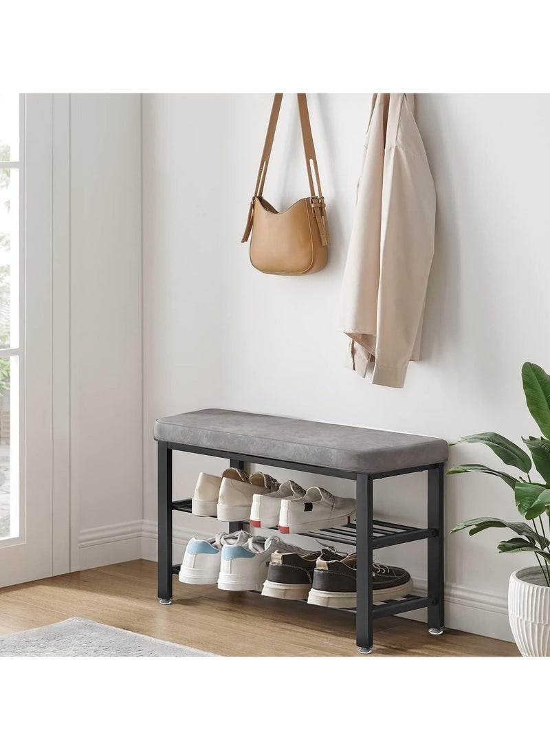 3-layer shoe rack, suitable for the entrance passage. Black metal shoe stool rack with grey cushions, suitable for corner shoe cabinets in corridors, bedrooms and living rooms. (Black) - Image 3