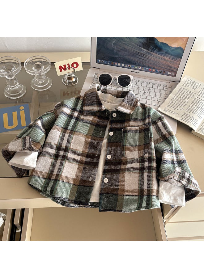 Children's Shirt Long-sleeved Autumn Plaid Shirt Boy's Retro Color Matching New Cardigan Lapel Top Girl's Jacket