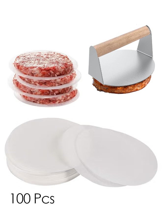 OMEVE Meat Press Burger Press with Hamburger Patty Paper Round 12Cm, Set of 100, Non Stick Patty Paper Sheets for Burger Press, Patty Serperate and Cake Baking  - Image 1