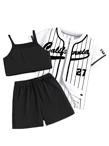 Hilinker Girls Graphic 3 Piece Outfits Short Sleeve Striped Cardigan and Crop Cami with Shorts Set Black White California 11-12 Year - Image 1
