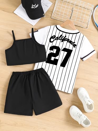 Hilinker Girls Graphic 3 Piece Outfits Short Sleeve Striped Cardigan and Crop Cami with Shorts Set Black White California 11-12 Year - Image 2