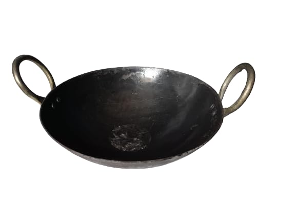 simsnura Household Iron Black Kadhai with Double Side Madal Handle Traditional Pure Iron Kadai Heavy Base Round Bottom 9 Inch Size Medium