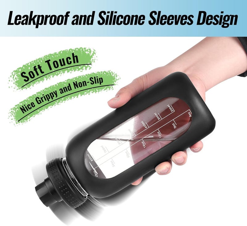 EALGRO 40 oz Glass Water Bottle With Straw and Handle, Sports Motivational Water Jug Flask with Silicone Sleeve, Large Water Cup with Time Marker for Travel, Gym, Black - Image 5