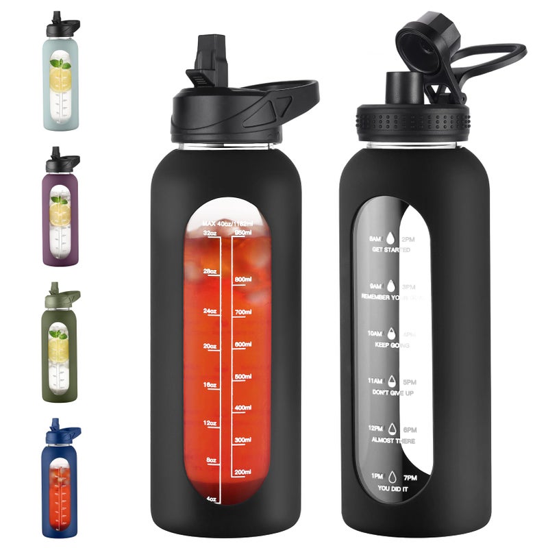 EALGRO 40 oz Glass Water Bottle With Straw and Handle, Sports Motivational Water Jug Flask with Silicone Sleeve, Large Water Cup with Time Marker for Travel, Gym, Black - Image 1