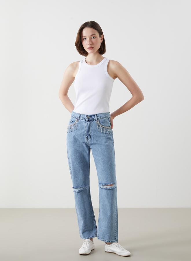 LC WAIKIKI Straight Fit Ripped Detail Rhinestone Embellished Women's Jeans - Image 1