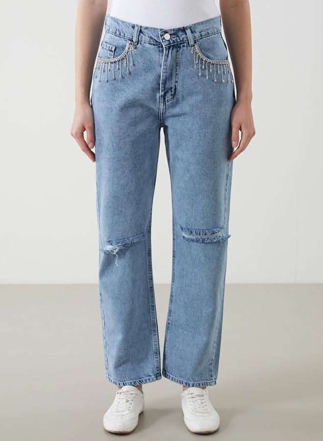 LC WAIKIKI Straight Fit Ripped Detail Rhinestone Embellished Women's Jeans - Image 2