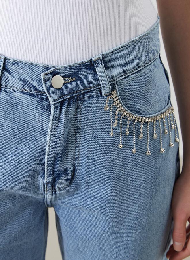 LC WAIKIKI Straight Fit Ripped Detail Rhinestone Embellished Women's Jeans - Image 3