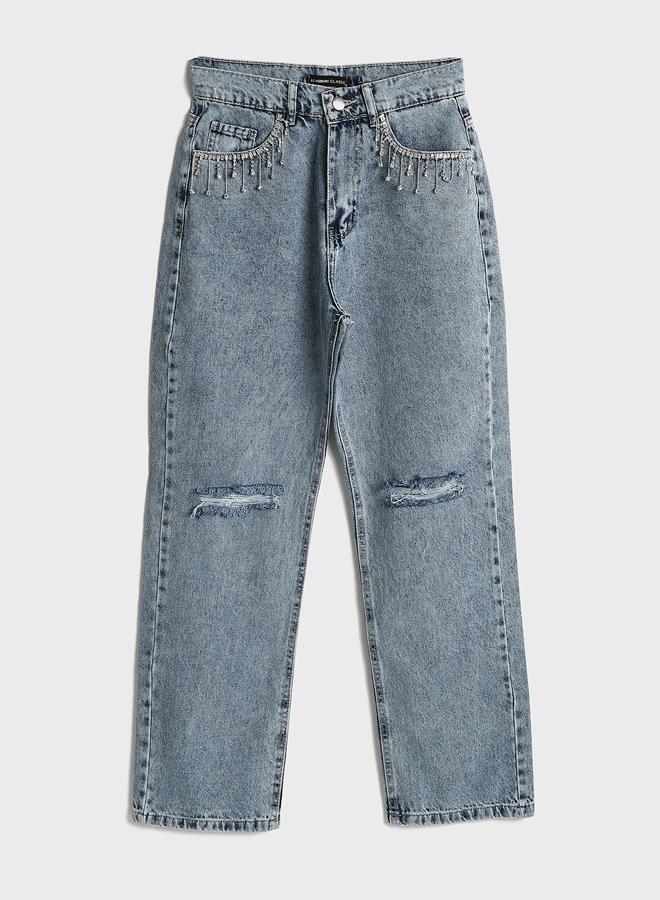 LC WAIKIKI Straight Fit Ripped Detail Rhinestone Embellished Women's Jeans - Image 5