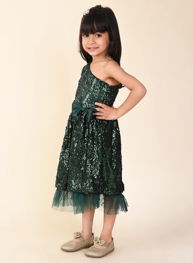 LILPICKS Girls Sequin One Shoulder Fit n Flare Bow Party Dress (Green) (10-11Y) - Image 5