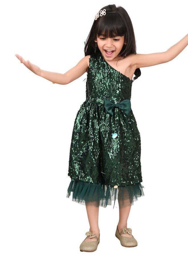 LILPICKS Girls Sequin One Shoulder Fit n Flare Bow Party Dress (Green) (10-11Y) - Image 1