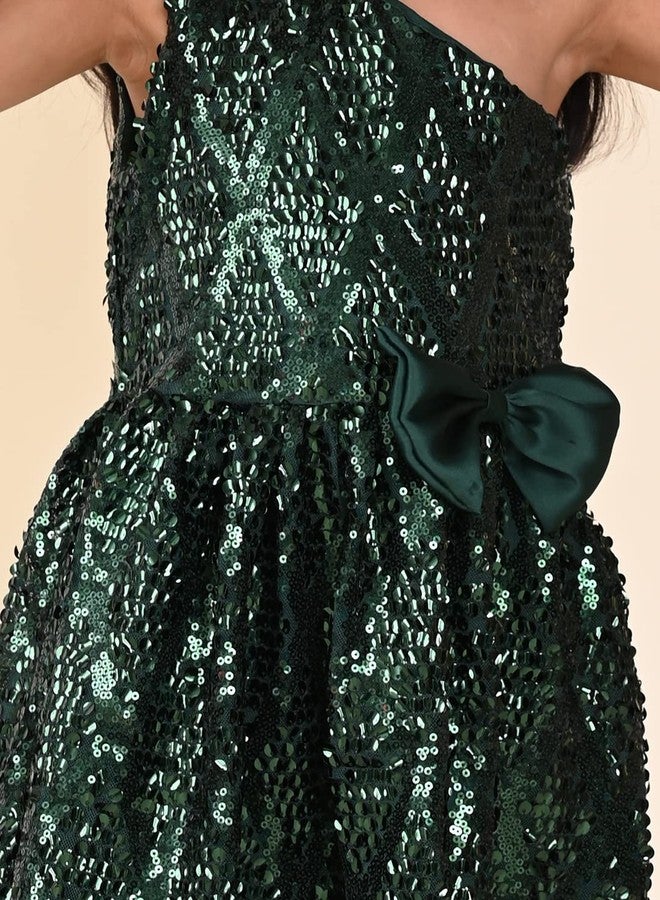 LILPICKS Girls Sequin One Shoulder Fit n Flare Bow Party Dress (Green) (10-11Y) - Image 4