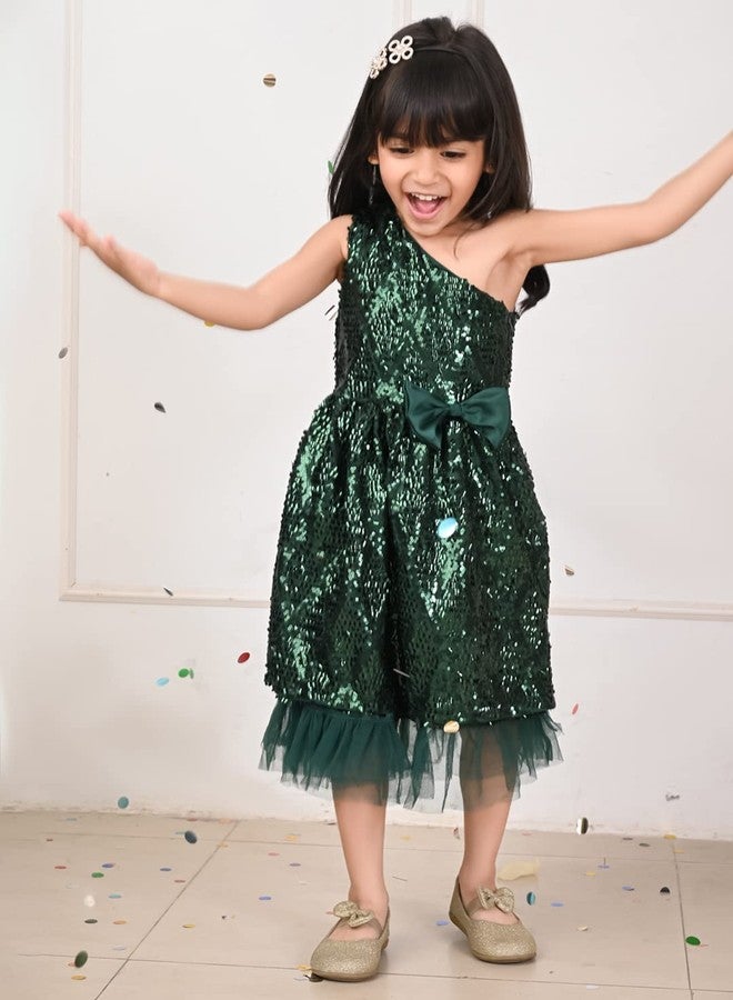 LILPICKS Girls Sequin One Shoulder Fit n Flare Bow Party Dress (Green) (10-11Y) - Image 3
