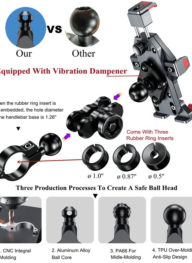 BRCOVAN حامل هاتف دراجة نارية من سبائك الألمنيوم مع مثبط اهتزاز وقفل آمن عالي السرعة، قفل تلقائي بضغط واحد لحامل هاتف الدراجة الرباعية والدراجة السكوتر لحوامل المقود للهواتف من 4.7'' إلى 7.2'' - Image 4