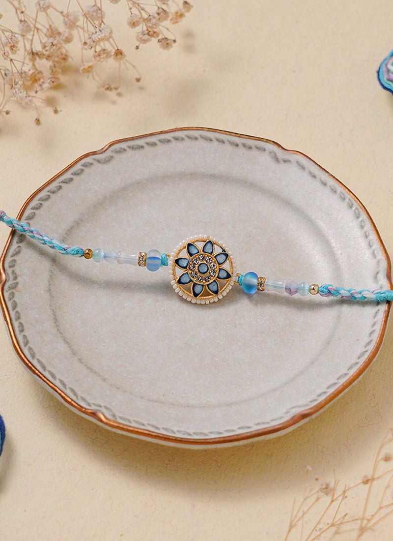 Madhoor Frosted Bead Rakhi for Brother Blue Cream Designer Raksha Bandhan Thread ,Premium Handmade ,1 Piece-47 CM - Image 3