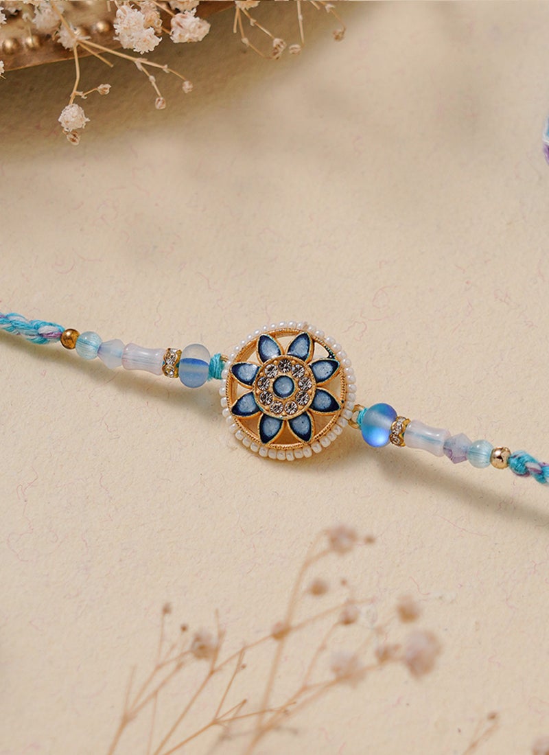Madhoor Frosted Bead Rakhi for Brother Blue Cream Designer Raksha Bandhan Thread ,Premium Handmade ,1 Piece-47 CM - Image 2