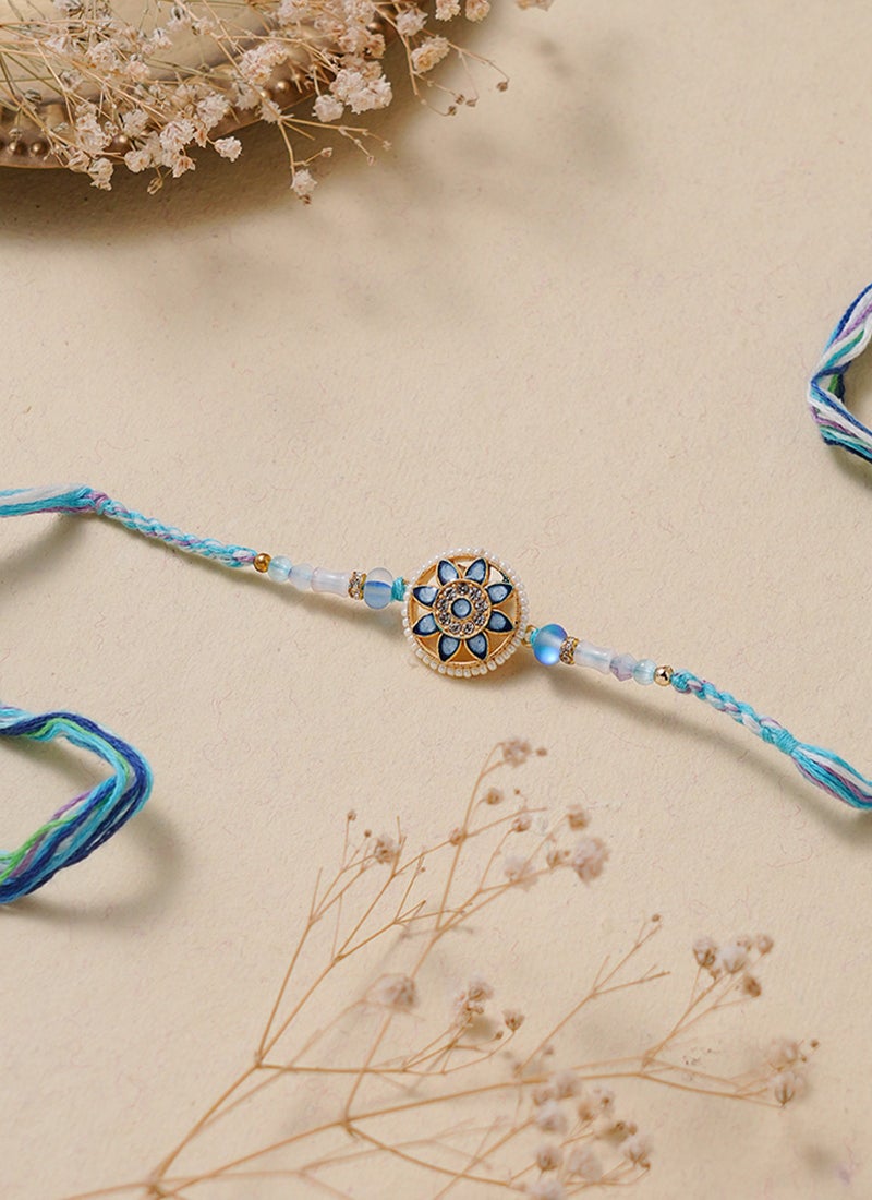 Madhoor Frosted Bead Rakhi for Brother Blue Cream Designer Raksha Bandhan Thread ,Premium Handmade ,1 Piece-47 CM - Image 1