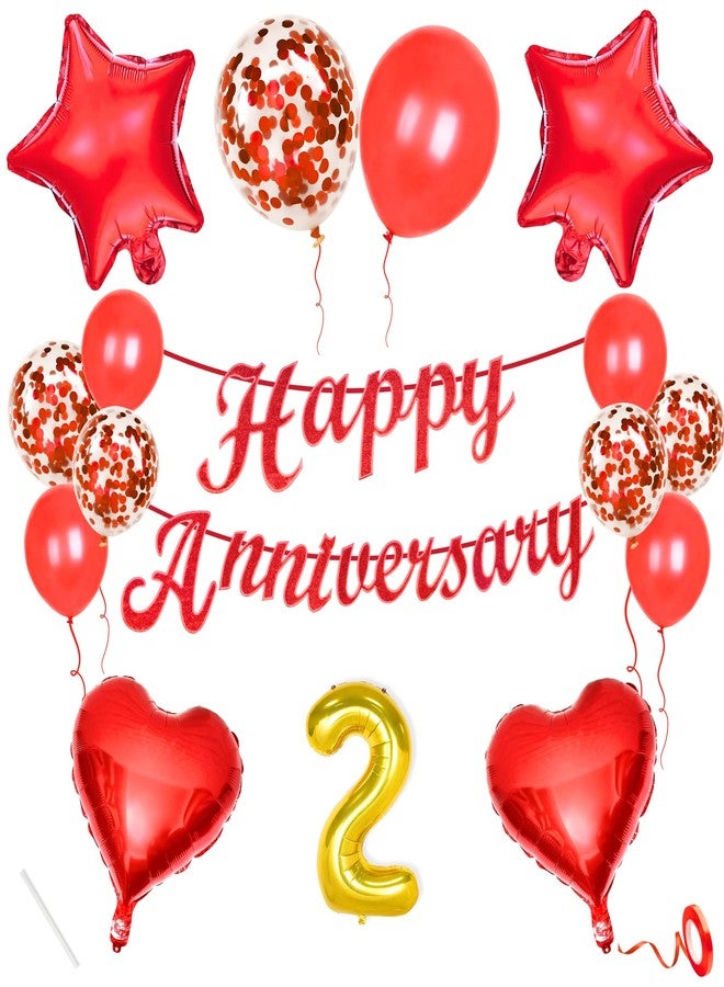 Flyloons 2nd Anniversary Decoration Items Red for Men Women Husband Wife Home Living Room Parent With 10 Pc Confetti Balloons Happy Anniversary Banner 4 Pc Star Heart Set Kit - Image 1