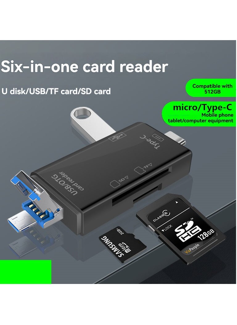 JEEJPV 6-in-1 SD Card Reader Micro SD Card Reader for Android, Micro SD Card to USB Adapter, USB C SD Card Reader for Camera Memory Card Reader (Black) 