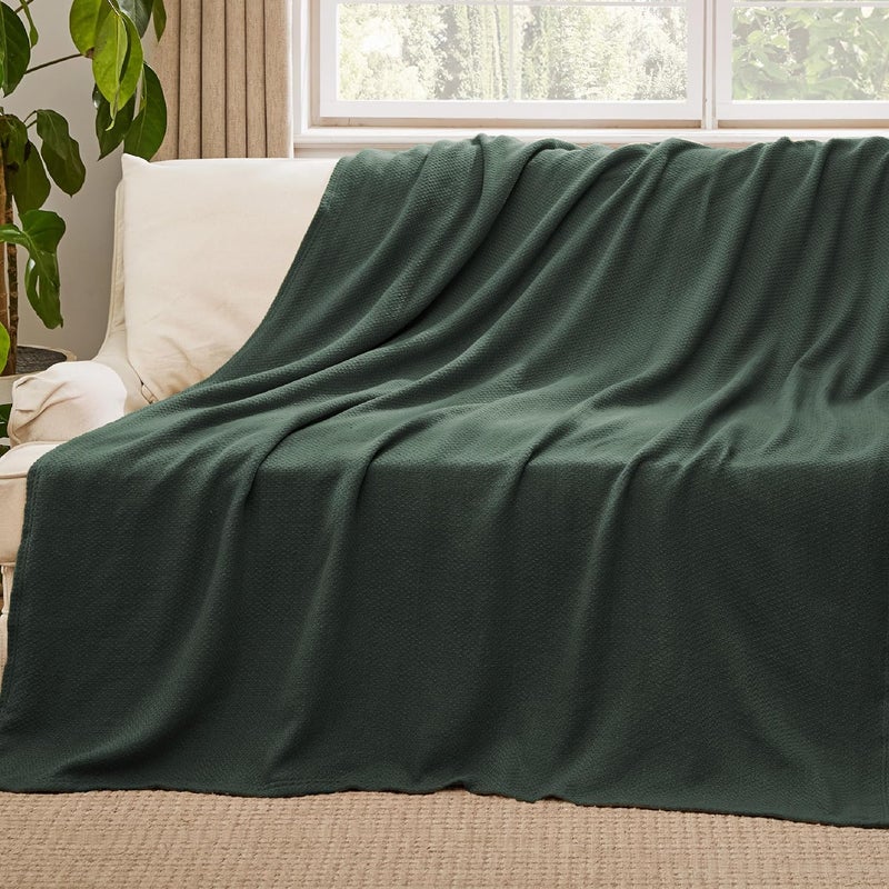 Bedsure GentleSoft 100% Cotton Blanket Full Size for Bed - Breathable and Lightweight, Soft Cozy Textured Herringbone Woven Blanket for Summer Spring, Dark Green, 80x90 inches - Image 5