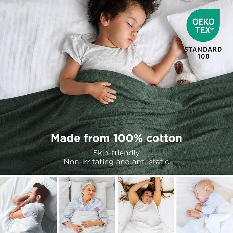 Bedsure GentleSoft 100% Cotton Blanket Full Size for Bed - Breathable and Lightweight, Soft Cozy Textured Herringbone Woven Blanket for Summer Spring, Dark Green, 80x90 inches - Image 2