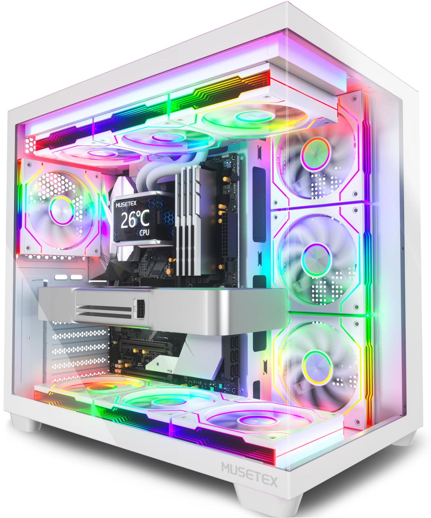 MUSETEX Y6 PC Case, Pre-Installed 7 Infinity Mirror PWM ARGB Fans, ATX Mid Tower Computer Case, Gaming PC Case with Type-C, 270° Full View Tempered Glass, White