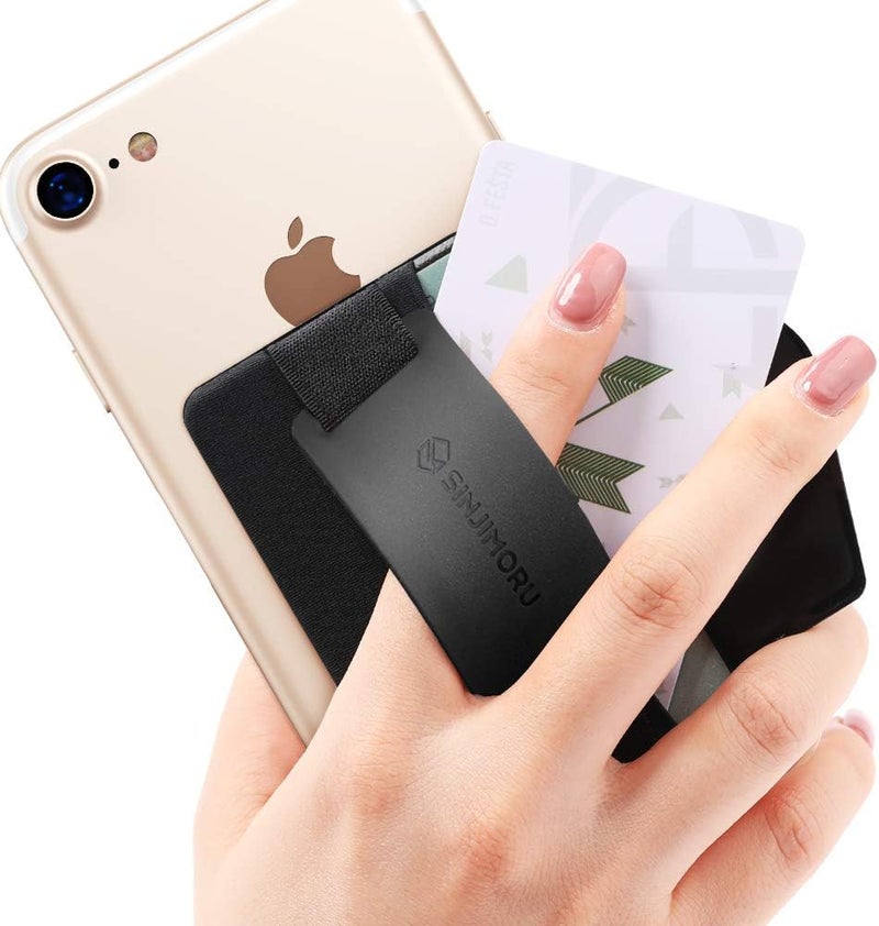 Sinjimoru Phone Grip Card Holder with Phone Stand, Secure Stick on Wallet for iPhone with Kickstand for Table. Sinji Pouch B-Grip Black - Image 1