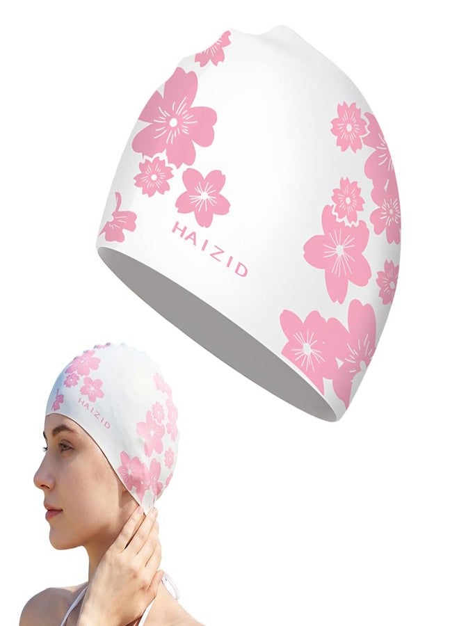 Proberos® Swimming Cap for Women & Girls, Waterproof Silicone, Pressure-Free Fit Swim Cap, Long Hair Swimming Head Cap, Wrinkle-Free Women Swim Pool Cap for Long Hair, Floral Prints - Image 1