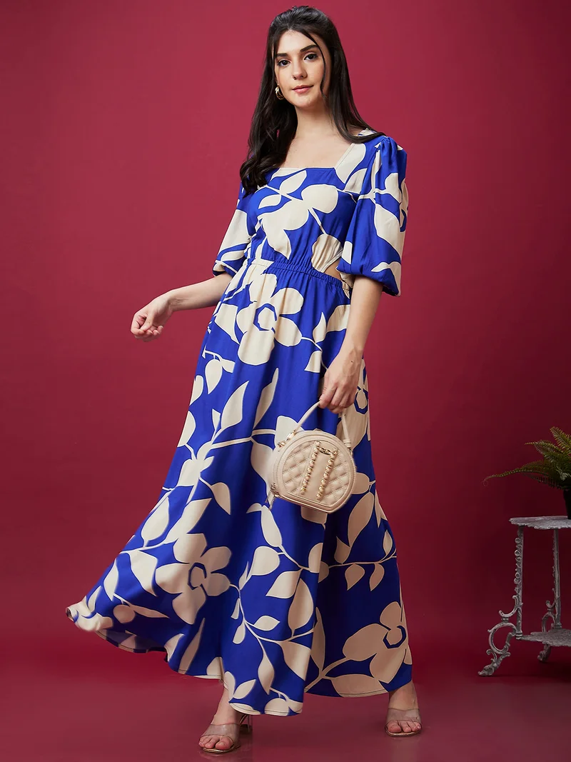 globus Women Floral Printed Square Neck Cut-Outs Maxi Dress