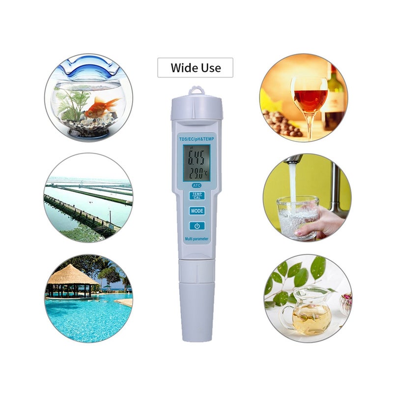 4 in 1 Water Quality Tester pH/EC/TDS/Temperature Meter IP55 Waterproof Automatic Shutdown Backlight Display Tester White PH-686 - Image 2