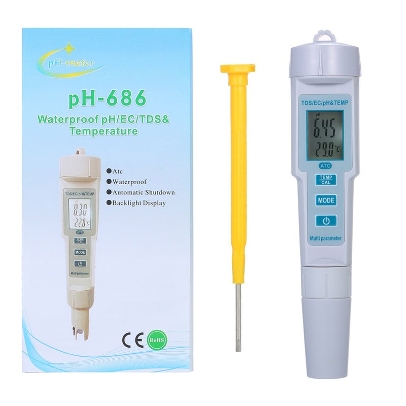 4 in 1 Water Quality Tester pH/EC/TDS/Temperature Meter IP55 Waterproof Automatic Shutdown Backlight Display Tester White PH-686 - Image 3