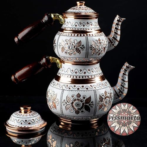Vissmarta Handmade Copper Turkish Teapot Tea Kettle Pots Set for Stove Top Stovetop Decorative Infuser Vintage Antique Arabic Farmhouse Tray Cups Serving Party Moroccan Decor Style Persian Kitchen Fancy Gift - Image 1
