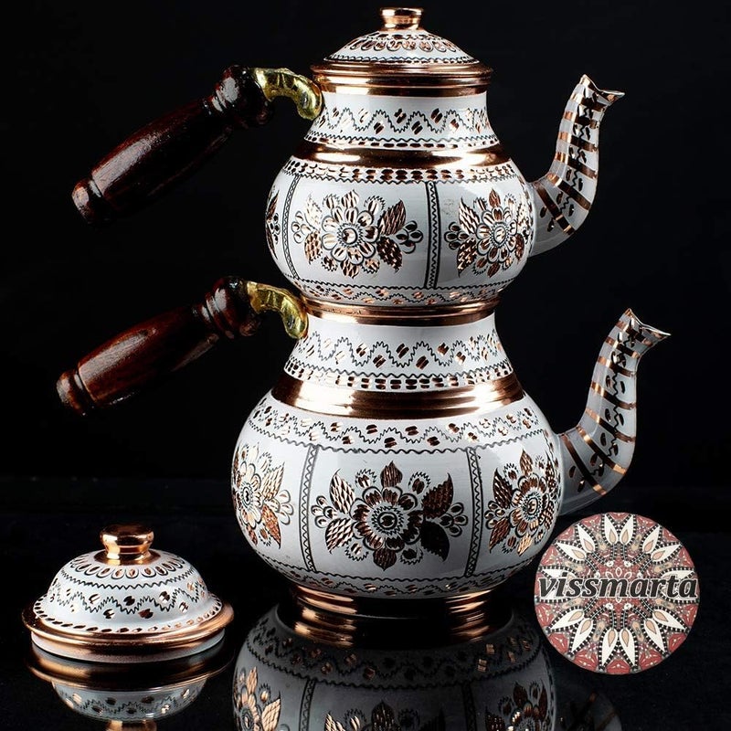 Vissmarta Handmade Copper Turkish Teapot Tea Kettle Pots Set for Stove Top Stovetop Decorative Infuser Vintage Antique Arabic Farmhouse Tray Cups Serving Party Moroccan Decor Style Persian Kitchen Fancy Gift - Image 2
