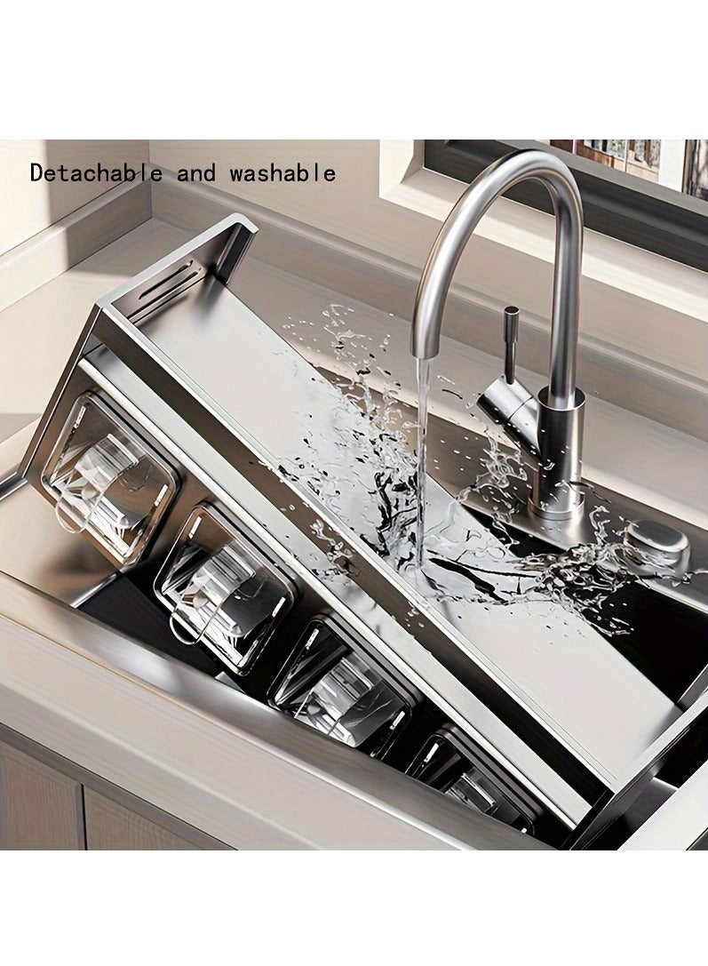 XiuWoo Wall Mount Stainless Steel Spice Rack Organizer with Hanging Shelves and Spice Jars Multi-Functional Kitchen Storage Set - Image 4