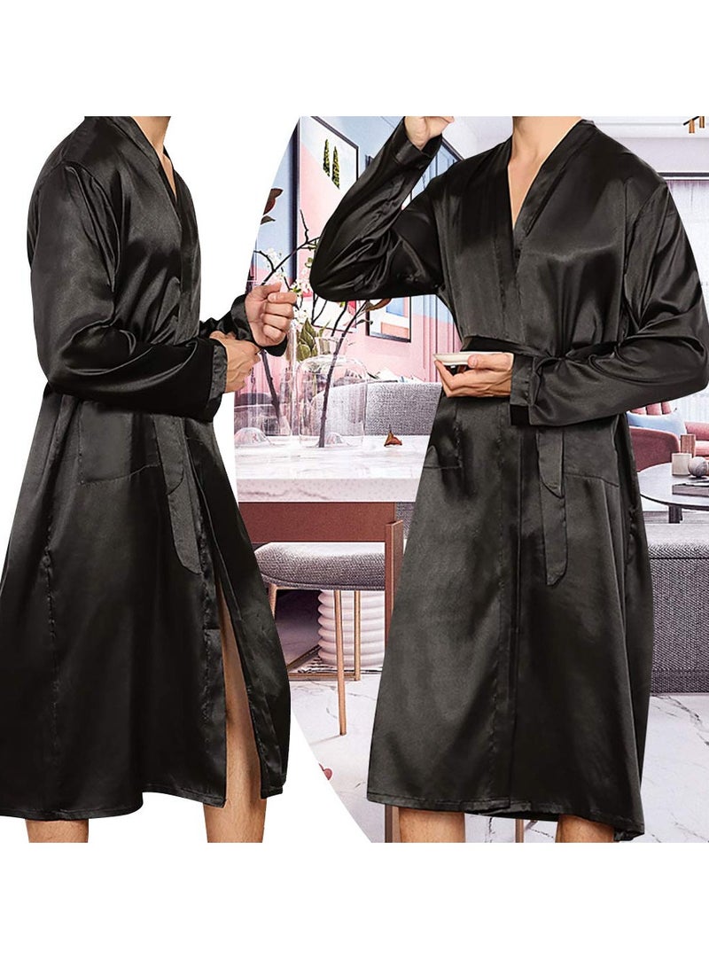 MARGOUN Men's Dressing Gown Kimono Robe Lightweight Silk Long Sleeved Home Sleepwear Loungewear Black XL(Length 49''/Chest 26'') - Image 4