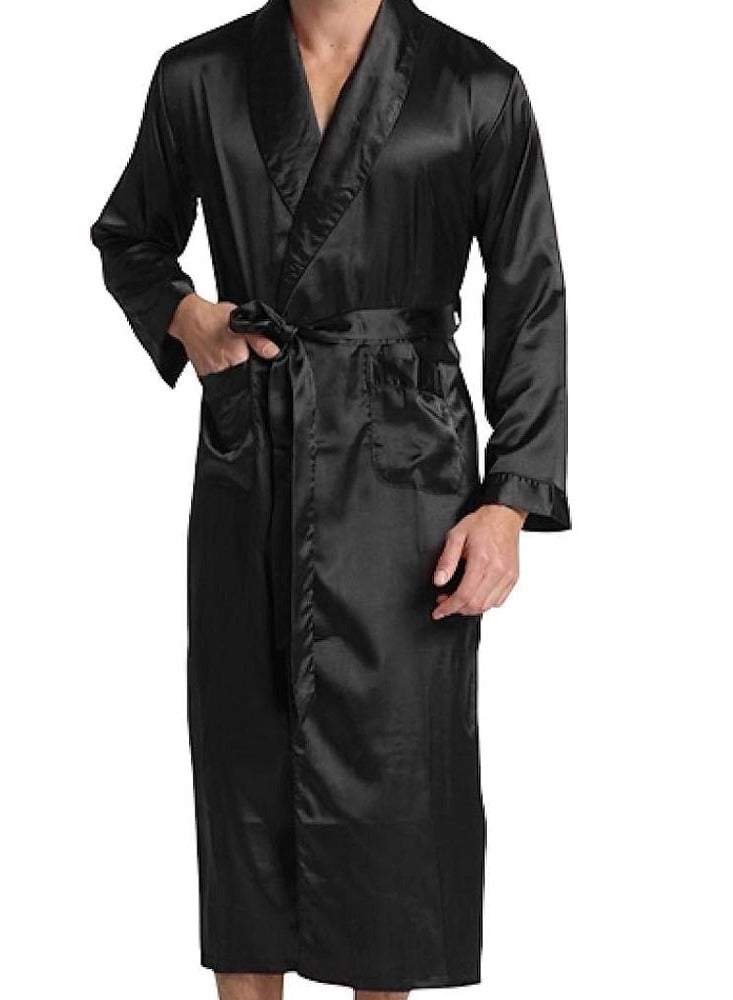 MARGOUN Men's Dressing Gown Kimono Robe Lightweight Silk Long Sleeved Home Sleepwear Loungewear Black XL(Length 49''/Chest 26'') - Image 1