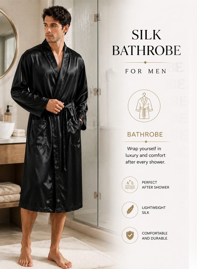 MARGOUN Men's Dressing Gown Kimono Robe Lightweight Silk Long Sleeved Home Sleepwear Loungewear Black XL(Length 49''/Chest 26'')