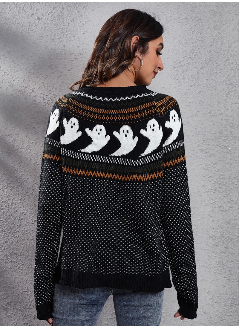 NIBEMINENT Women's round neck sweater long sleeve pullover casual leopard print knitted sweater soft coat cute ghost pattern  - Image 4
