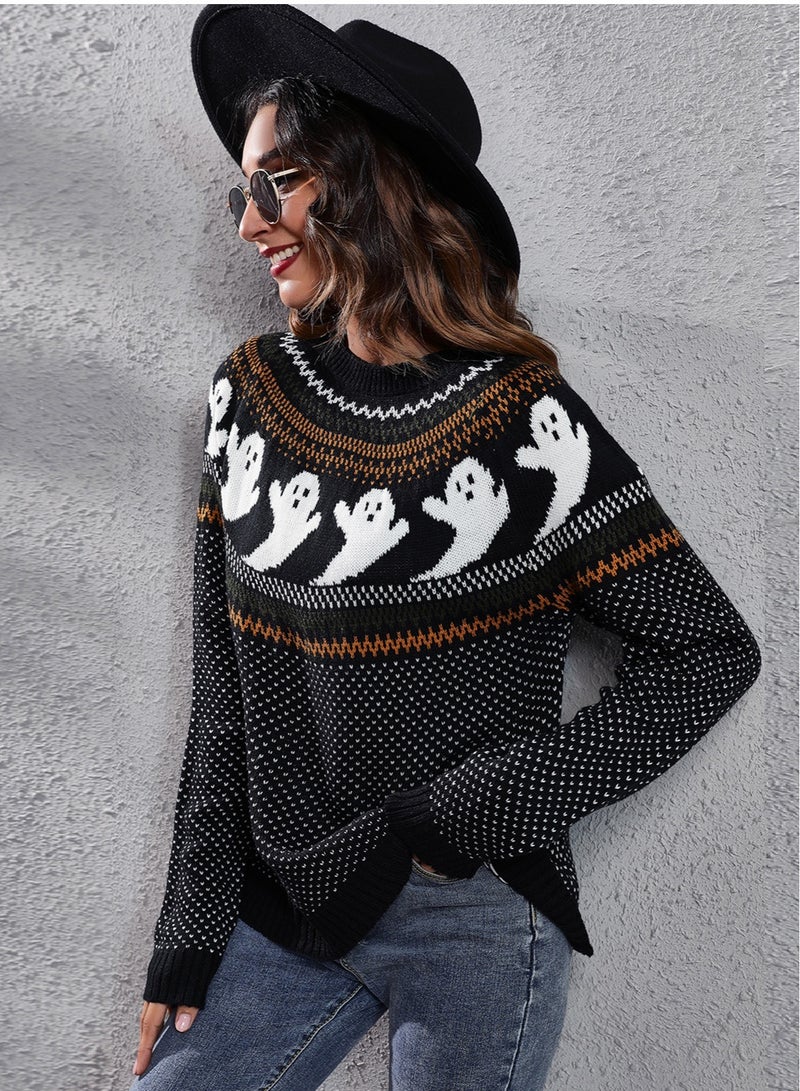 NIBEMINENT Women's round neck sweater long sleeve pullover casual leopard print knitted sweater soft coat cute ghost pattern  - Image 5