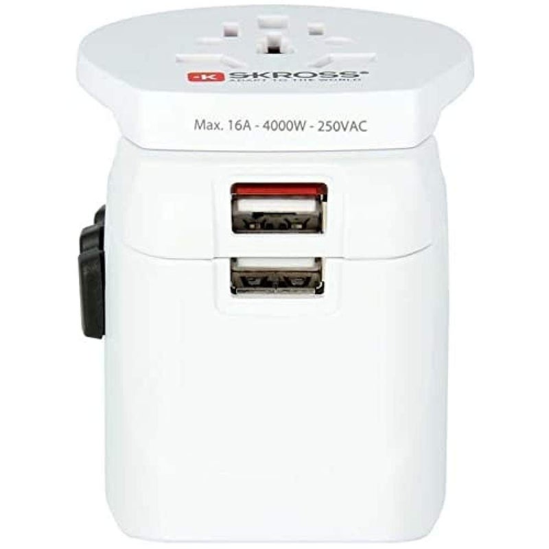 SKROSS Pro Light World Travel Adapter with Plug and USB 3pole Travel Adaptor with Slide System and USB Designed in Switzerland for more than 200 Countries 1302550 White