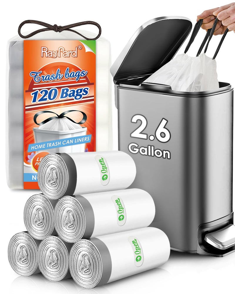 RayPard 120 Counts 2.6 Gallon Small Drawstring Trash Bags Garbage Bags by RayPard, Small Strong Plastic Bags fit 7.5-10 Liter Trash Can for Home Office Kitchen Bathroom Bedroom, White Waste Basket Liners - Image 1