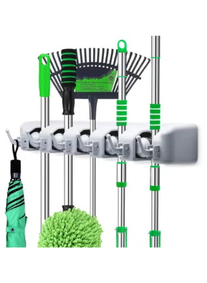 JAJEEK 🧹 Wall-Mounted Tool Holder with Wax-Coated Handlebar | Heavy-Duty Storage Organizer Rack with 5 Quick-Release Spring Clamps & 6 Hooks | Multipurpose Mount for Brooms, Mops, Rakes, Tools & Cleaning Supplies | Space-Saving Garage, Kitchen & Utility Room Solution  - Image 1