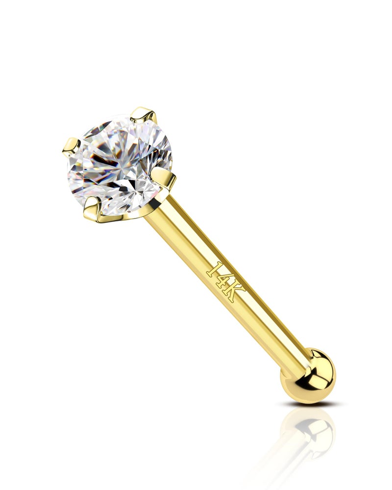 COCHARM 14K Solid Gold Bone Nose Stud 22g 1.5mm 2mm 3mm CZ Yellow Gold Nose Bone 22g Press Fit Nose Pin 7mm Long Bar NosePiercing 14Kt Nose Jewelry for Women Man - Image 1