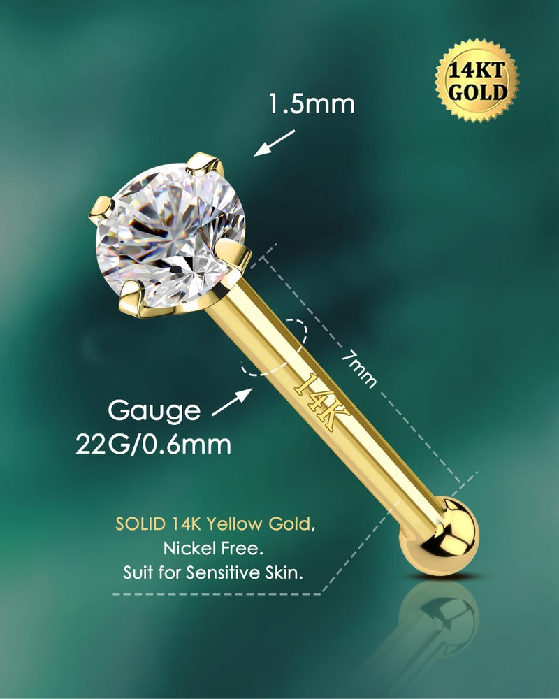 COCHARM 14K Solid Gold Bone Nose Stud 22g 1.5mm 2mm 3mm CZ Yellow Gold Nose Bone 22g Press Fit Nose Pin 7mm Long Bar NosePiercing 14Kt Nose Jewelry for Women Man - Image 2